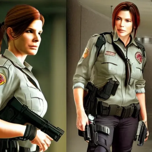 Prompt: Sandra bullock as Claire redfield in resident evil 2, police station, tactical gear