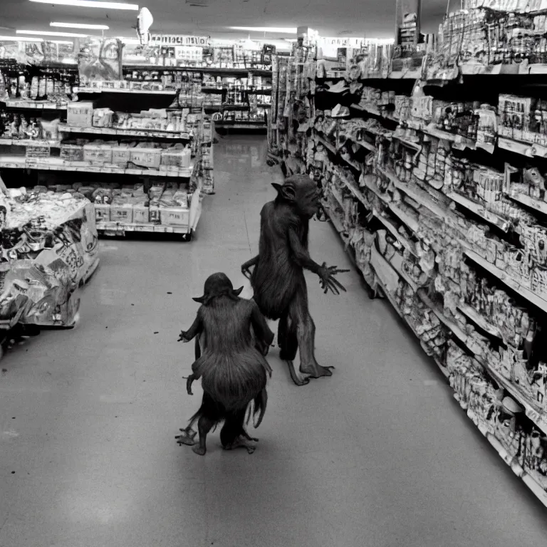 Prompt: elderly goblin women in abandoned grocery store aisle rushes towards you after you tell her no worries, 50mm film, flash photography