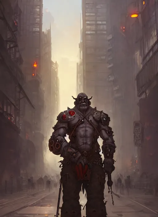Prompt: a portrait of a dieselpunk orc in a city, tone mapped, ambient lighting, highly detailed, digital painting, artstation, concept art, sharp focus, by makoto shinkai and akihiko yoshida and hidari and wlop
