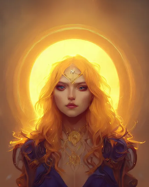 Image similar to a beautiful sun sorceress, flowy yellow golden hair, golden eyes, sun, summer, cinematic lighting, highly detailed, digital painting, trending on artstation, pixiv, concept art, sharp focus, illustration, art by ross tran and wlop, dark art