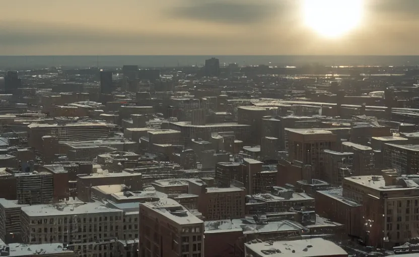 Prompt: photo of sunrise view of buffalo as seen from bus, scene from being john malcovich film directed by charlie kaufman ( 2 0 0 1 ), moody cinematography and lighting, 2 4 mm anamorphic lens