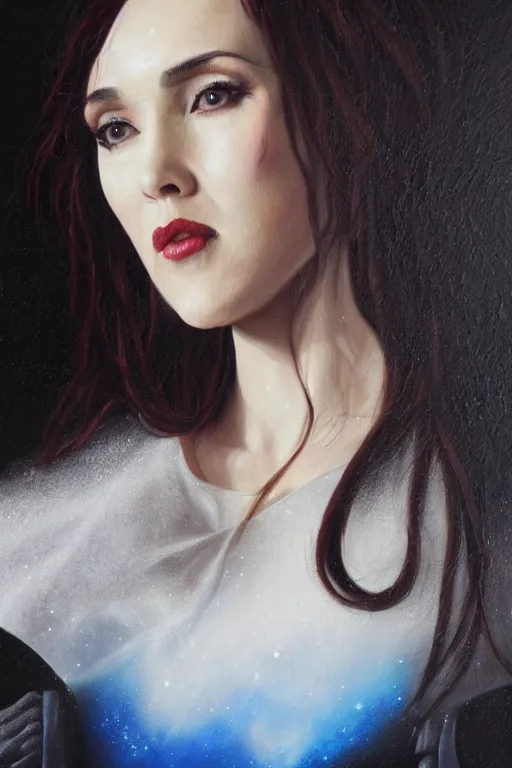 Image similar to hyperrealism oil painting, close - up portrait of isabelle adjani medieval brunette vampire fashion model, knight, steel gradient mixed with nebula sky, in style of baroque