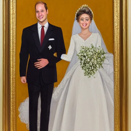 Image similar to detailed painting of prince william marrying american popstar miley cyrus, happy couple, official portrait, national portrait gallery, oil on canvas, painting