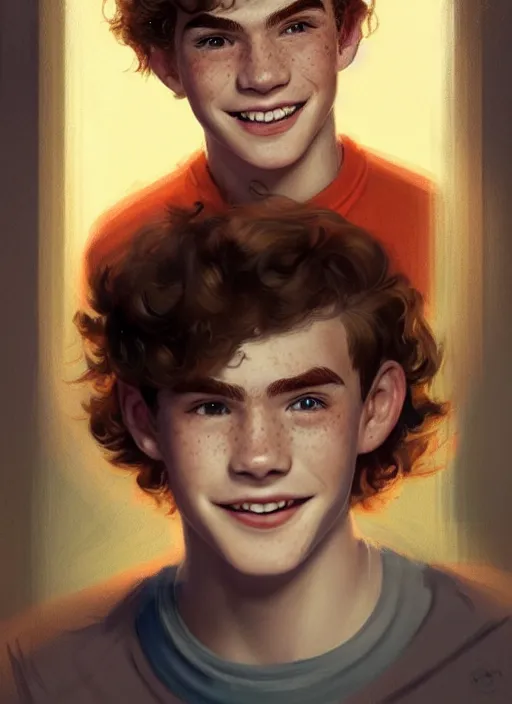 Image similar to portrait of teenage archie andrews, freckles, curly middle part haircut, curly hair, smiling kindly, friendly, 1 9 5 0 s, intricate, elegant, glowing lights, highly detailed, digital painting, artstation, concept art, smooth, sharp focus, illustration, art by wlop, mars ravelo and greg rutkowski