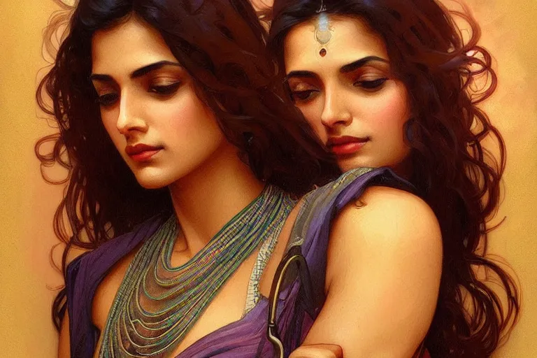 Image similar to sensual pale beautiful indian doctor in jeans, art deco portrait, elegant, intricate, digital painting, artstation, concept art, smooth, sharp focus, illustration, art by artgerm and greg rutkowski and alphonse mucha