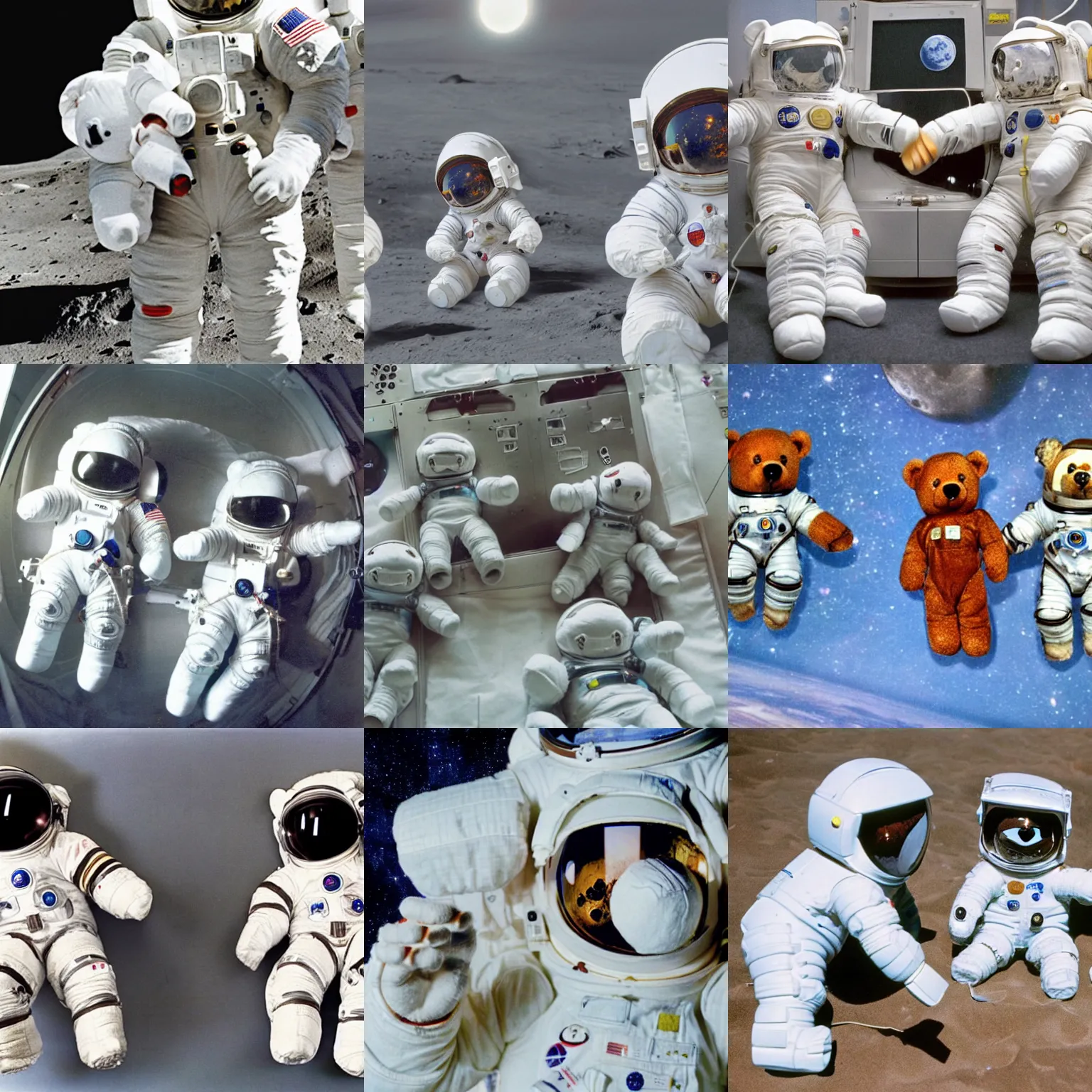 Prompt: a high quality photograph of teddy bears wearing space suits, working on new ai research on the moon in the 1 9 9 0 s. detailed and clean