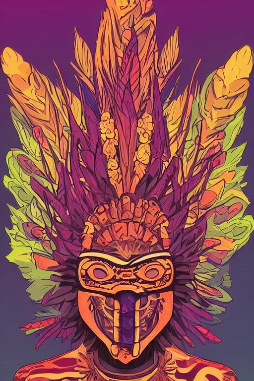 Image similar to animal mask totem roots flower tribal feather gemstone plant wood rock shaman vodoo video game vector cutout illustration vivid multicolor borderlands comics by josan gonzales and dan mumford radiating a glowing aura