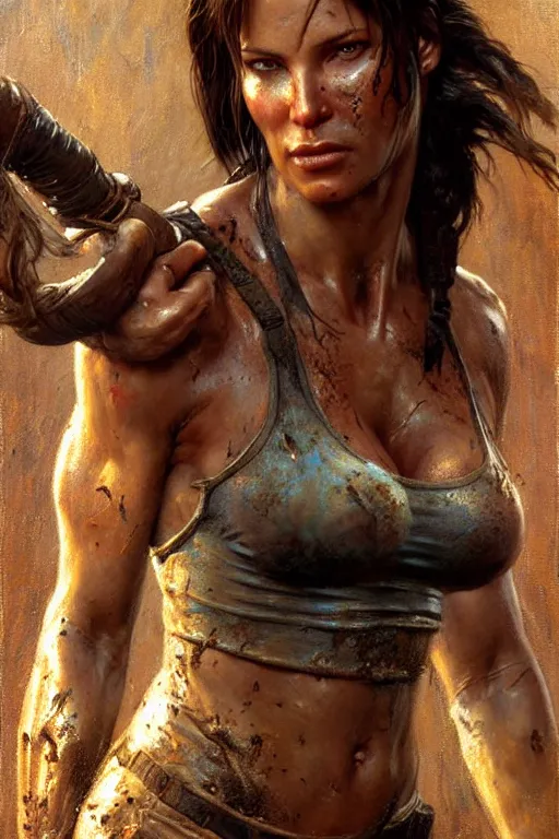 Prompt: muscular sweat lara croft, covers with mud, exhausted, face close up, highly detailed painting by gaston bussiere, craig mullins, j. c. leyendecker 8 k