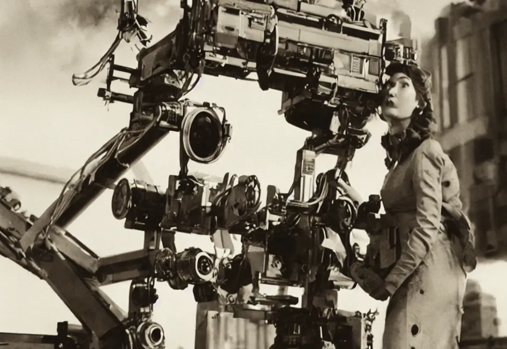 Image similar to a screenshot of a movie depicting a female robot carrying a movie camera with a huge explosion behind her