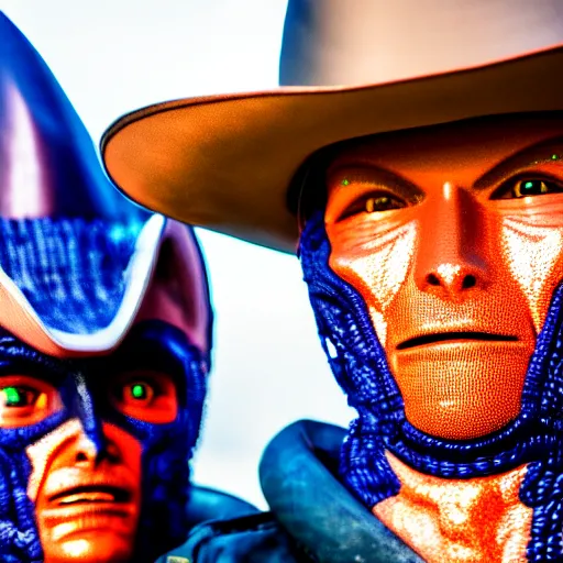 Image similar to alien cowboys, close-up portrait, Canon EOS R3, f/1.4, ISO 200, 1/160s, 8K, RAW, unedited, symmetrical balance, in-frame