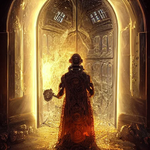 Prompt: an intricate and detailled render of the last gatekeeper, standing in front of the door of time glowing from it's magic plasma, by tivadar csontvary kosztka,, trending on art station, + soft illumination, intricate detail, highly detailed, atmospheric, hades, rendered in octane, slav epic