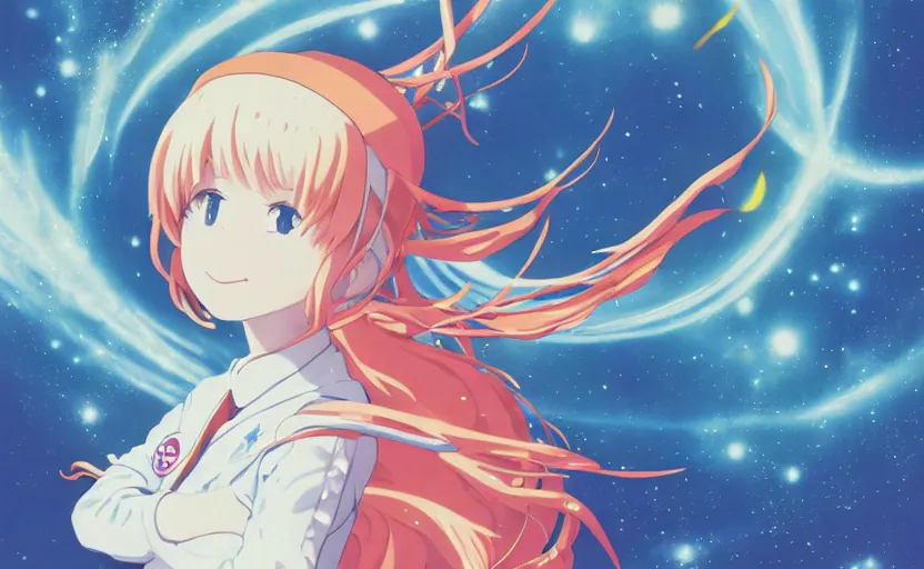 Prompt: portrait of a young astronaut girl, flowing white hair, kyoto animation, yoshitoshi abe, loish, murata range, synthwave, cosmic, kawaii,orange, big anime eyes,studio lighting, manga, anime, 1980s, vibrant, beautiful, dreamy, gradation, jean giraud, haruhiko mikimoto, ((space nebula background))