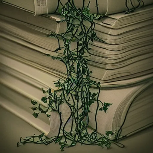 Image similar to “ very photorealistic photo of vines growing out of a woman ’ s book as she sleeps, award - winning details ”