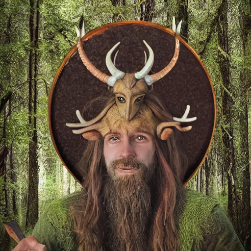 Prompt: portrait of horned god Pan in the forest