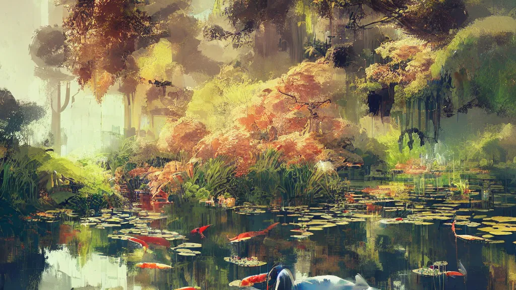 Image similar to painting of a koi pond, trending on artstation, masterpiece by ismail inceoglu