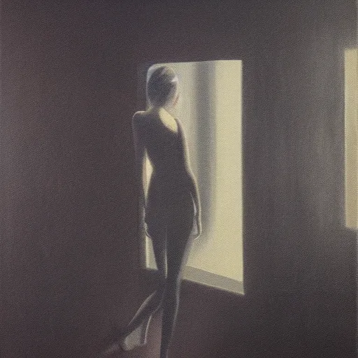 Image similar to silhouette of a Elle Fanning gazing in a mirror, pitch black room, extremely detailed realist masterpiece, oil on canvas, low-key neon lighting, artstation, Blade Runner 2049, Roger Deakin’s cinematography, by Edward Hopper and Adam Miller,