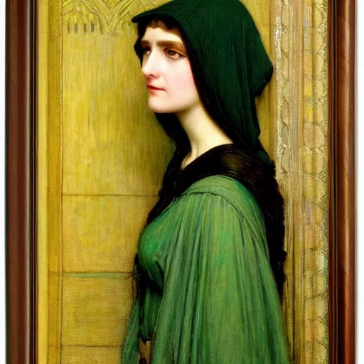 Prompt: woman with green eyes wearing a hood intricate portrait by john william waterhouse and Edwin Longsden Long and Theodore Ralli and gaston bussiere. Cinematic, hyper realism, dramatic lighting, high detail 8k