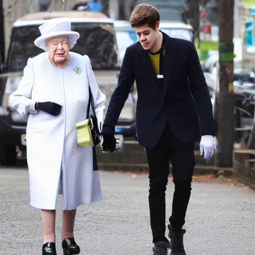 Image similar to pete davidson walking on the street, holding hands with queen elizabeth, candid photo