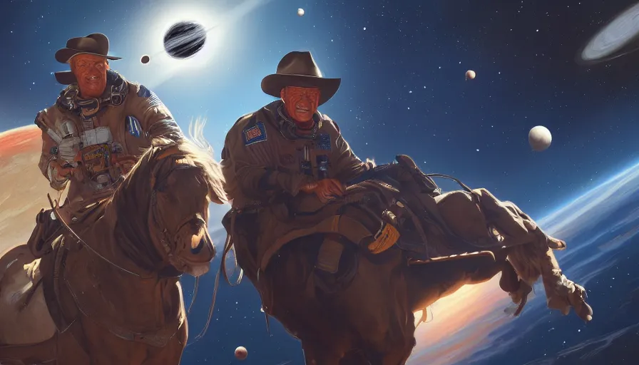 Image similar to Digital painting of John Wayne and Clint Eastwood in space, hyperdetailed, artstation, cgsociety, 8k