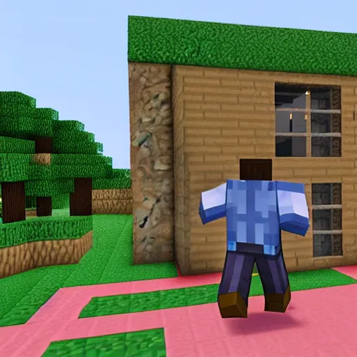 Image similar to minecraft steve breaking into a house with a diamond pickaxe