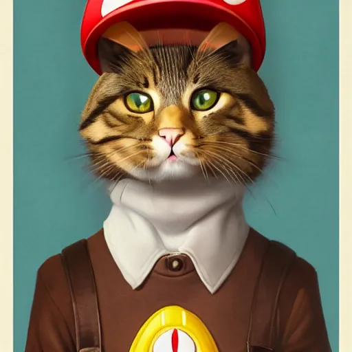 Image similar to Portrait of a Cat dressed as Super Mario, Mario hat, kawaii aesthetic, nintendo, highly detailed, digital painting, artstation, concept art, smooth, sharp focus, illustration, art by artgerm and greg rutkowski and alphonse mucha