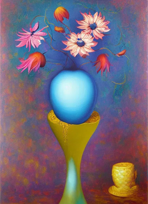 Image similar to a painting of a vase with flowers in it, a surrealist painting by Bridget Bate Tichenor, featured on deviantart, metaphysical painting, oil on canvas, acrylic art, airbrush art