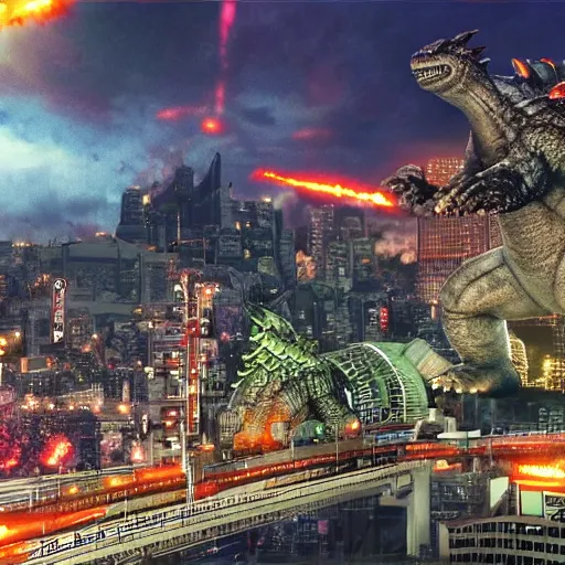 Prompt: Dwarf Godzilla destroys Tokyo, a super detailed high resolution cinematic scene