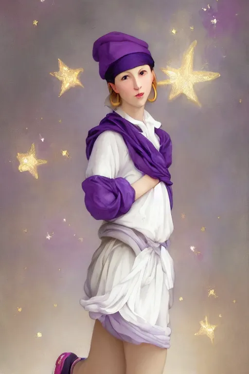 Image similar to Full View girl with short blond hair wearing an oversized purple Beret, Baggy Purple overall shorts, Short Puffy pants made of silk, silk shoes, a big billowy scarf, Golden Ribbon, and white leggings Covered in stars. Short Hair. masterpiece 4k digital illustration by Ruan Jia and Mandy Jurgens and Artgerm and william-adolphe bouguereau, award winning, Artstation, art nouveau aesthetic, Alphonse Mucha background, intricate details, realistic, panoramic view, Hyperdetailed, 8k resolution, intricate art nouveau