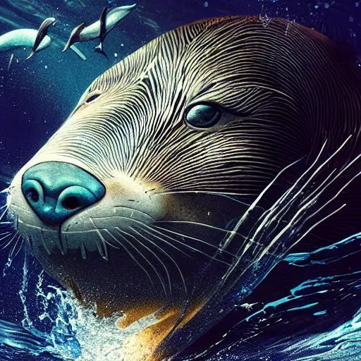 Image similar to A furry dolphin with tiger stripes, dramatic lighting, cinematic, establishing shot, extremely high detail, foto realistic, cinematic lighting, post processed, concept art, high details, cinematic, 8k resolution, beautiful detailed, photorealistic, digital painting, artstation, concept art, smooth, sharp focus, artstation trending, octane render, unreal engine