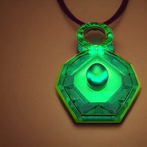 Image similar to shiny metallic amulet with a glowing emerald, highly detailed, concept art, beautiful, octane render