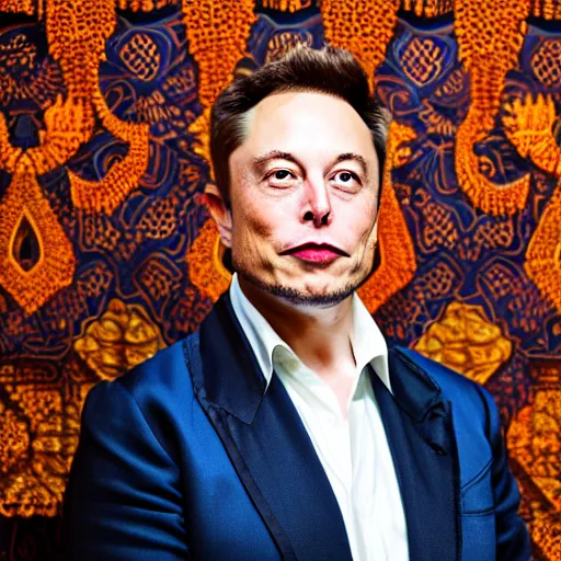 Prompt: A Photo Portrait of elon musk Wearing Indonesian Batik at a fancy Balinese restaurant, award winning photography, sigma 85mm Lens F/1.4, blurred background, perfect faces