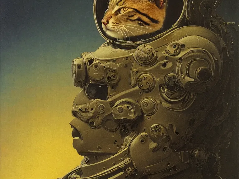 Image similar to a detailed profile painting of a cat in a spacesuit, symmetrical and science fiction theme by beksinski carl spitzweg and tuomas korpi. baroque elements, full-length view. baroque element. intricate artwork by caravaggio. Trending on artstation. 8k