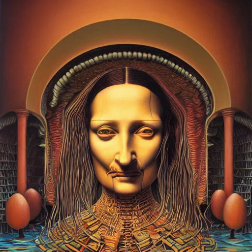 Image similar to monalisa by jacek yerka, alex gray, zdzisław beksiński, dariusz zawadzki, jeffrey smith and h.r. giger, oil on canvas, 8k highly professionally detailed, trending on artstation