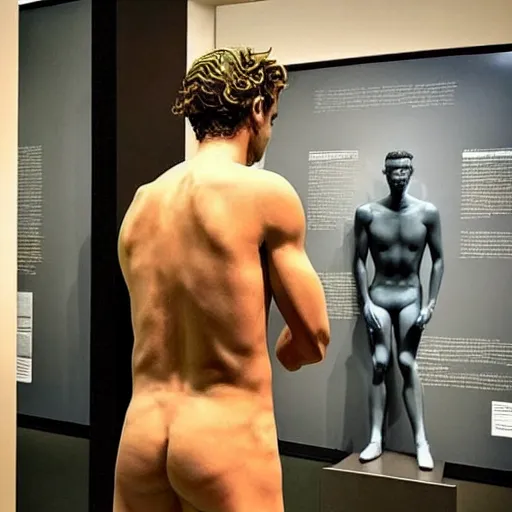 Image similar to “ a realistic detailed photo of a guy who is an attractive humanoid who is half robot and half humanoid, who is a male android, soccer player antoine griezmann, shiny skin, posing like a statue, blank stare, at the museum, on display ”