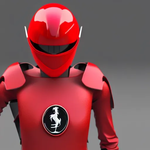 Image similar to Tokusatsu character based on Ferrari, red mechanical skinny body, chest plate with Ferrari logo, stylized motorcycle helmet, full body, unreal engine, 3D model