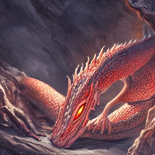 Prompt: red scaly dragon sleeping on a pile of bones in a dark dusty cave with a ray of light shining on it\'s face. Very detailed 8k. Photorealistic fantasy