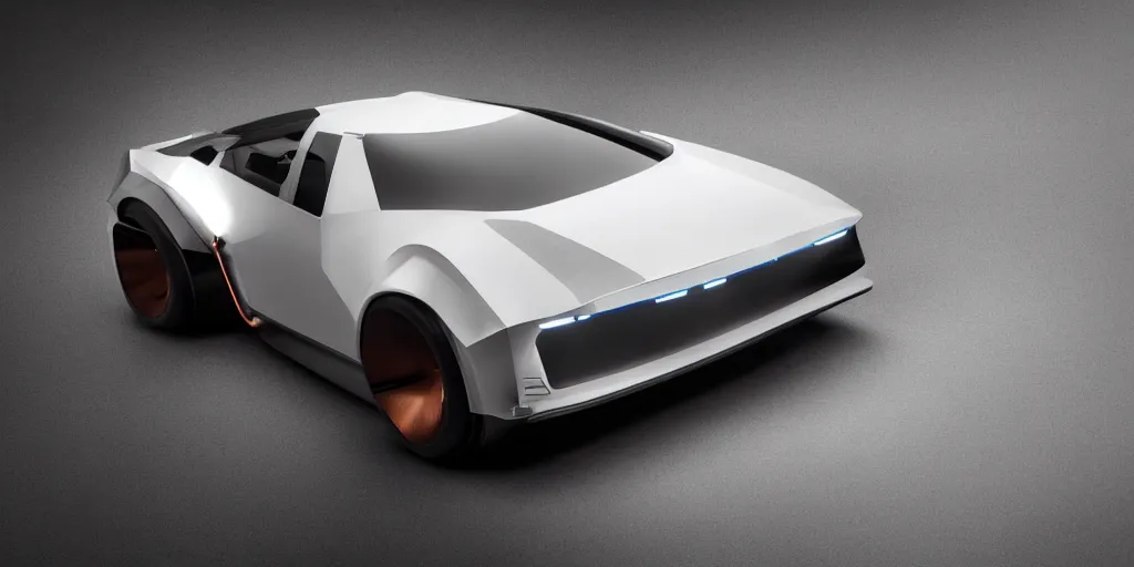 Image similar to a design of a futuristic DMC Delorian, designed by Polestar, blade runner background, front and back view, antique copper car paint with white pin-line accent detailing, black windows, sportscar, dark show room, dramatic lighting, hyper realistic render, depth of field