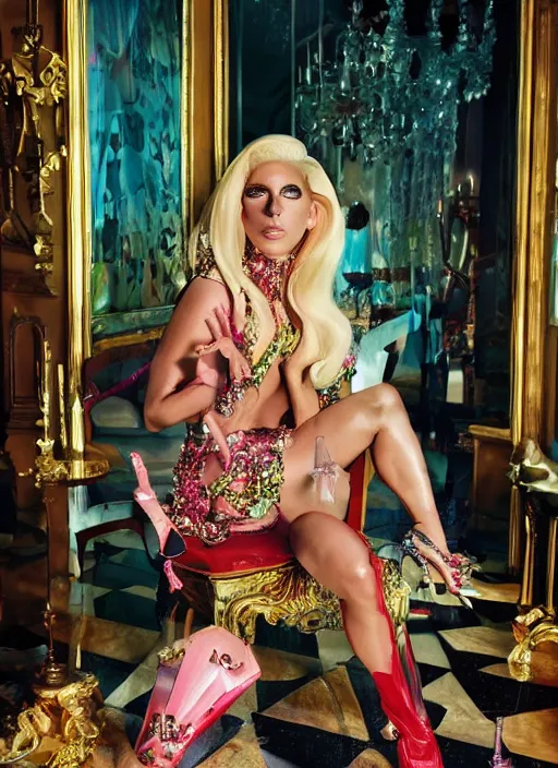 Image similar to lady gaga styled by david lachapelle posing in an expensive mansion setting , vogue magazine, Highly realistic. High resolution. Highly detailed. Dramatic. 8k.4k.