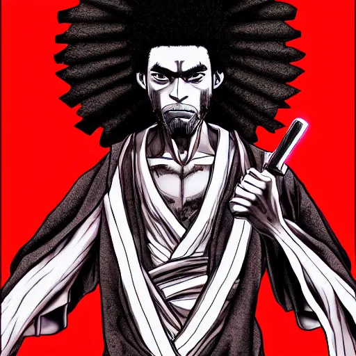 Prompt: creative illustration photo realistic intense lighting afro samurai portrait