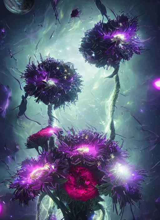 Image similar to An epic fantastic realism comic book style painting of the most beautiful entwined flowers launched across the dark galactic night sky, nebulous bouquets, fisheye lens, unreal 5, DAZ, hyperrealistic, octane render, dynamic lighting