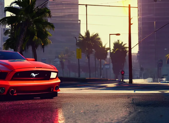 Image similar to still next - gen ps 5 game grand theft auto 6 2 0 2 4 remaster, graphics mods, rain, red sunset, people, rtx reflections, gta vi, miami, palms and miami buildings, photorealistic screenshot, unreal engine, 4 k, 5 0 mm bokeh, close - up ford mustang, gta vice city remastered, artstation