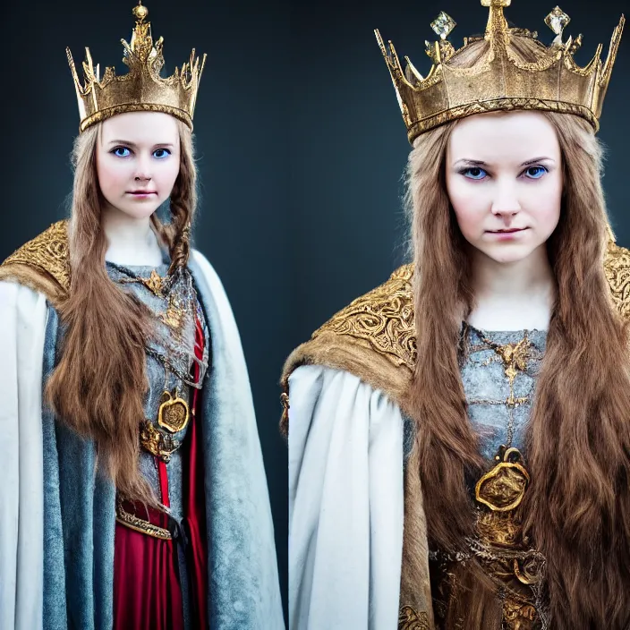 Prompt: portrait photograph of a real-life extremely beautiful!! young adult nordic queen with ornate cloak and crown, looking at the camera!!. Extremely detailed. 8k