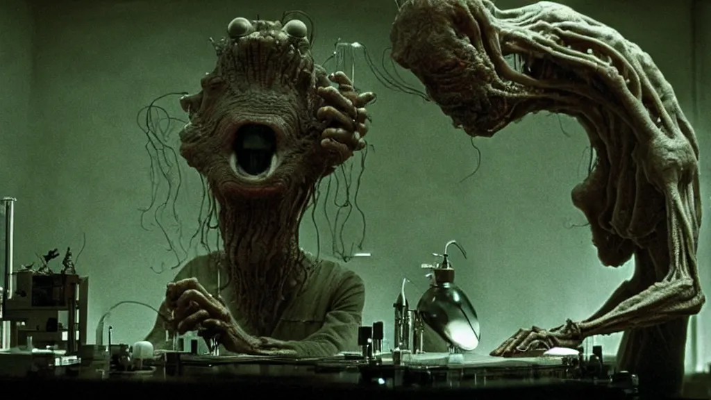 Prompt: a mad scientist in his lab, creates a creature, film still from the movie directed by denis villeneuve and david cronenberg with art direction by salvador dali and zdzisław beksinski, wide lens