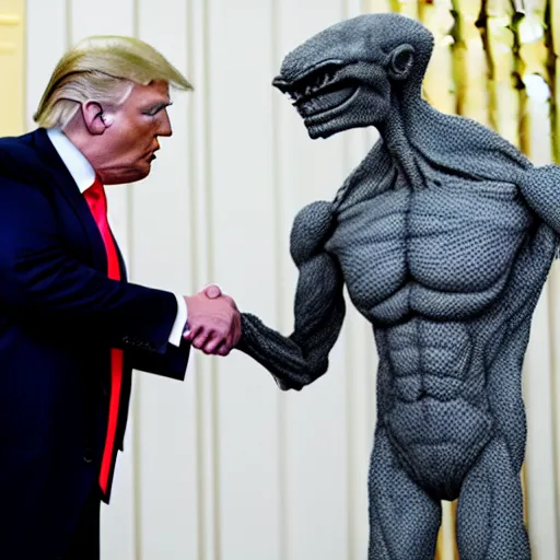 Prompt: press photo of donald trump shaking hands with a gray alien, facing the camera