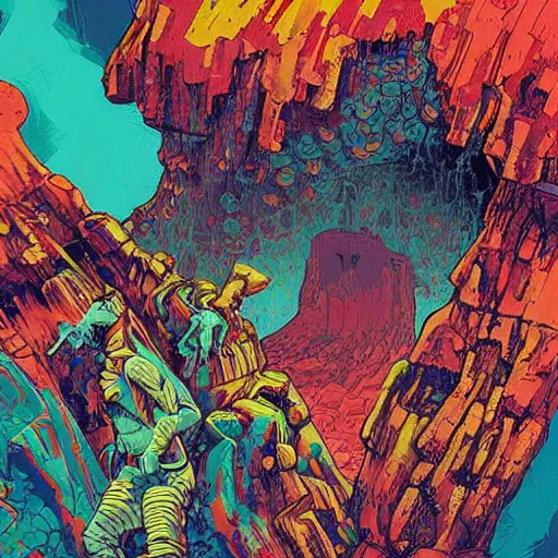 Image similar to art found in a cave on an alien planet, unique, strange, geometric, intricate details, bold warm colours, 2 d matte, graphic novel, art by pepe larraz,