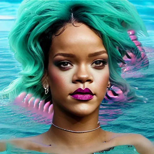 Image similar to rihanna in the ocean, seapunk, creative photo manipulation, creative photoshop, digital art