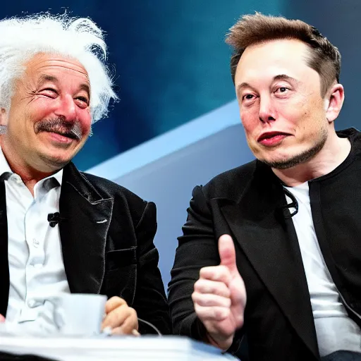 Prompt: elon musk happy to talk to einstein at a round table