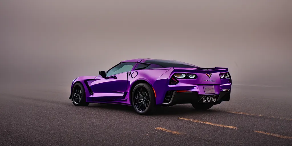 Image similar to parked purple 2 0 2 3 chevrolet corvette z 0 6, fog, rain, volumetric lighting, beautiful, golden hour, sharp focus, highly detailed, cgsociety