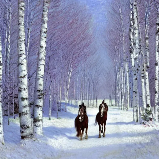 Prompt: A cute clydesdale centauress is enjoying a stroll in the crisp winter air among the birch trees in winter. trending on Pixiv. trending on ArtStation. A vibrant digital oil painting. A highly detailed fantasy character illustration by Wayne Reynolds and Charles Monet and Gustave Dore and Carl Critchlow and Bram Sels