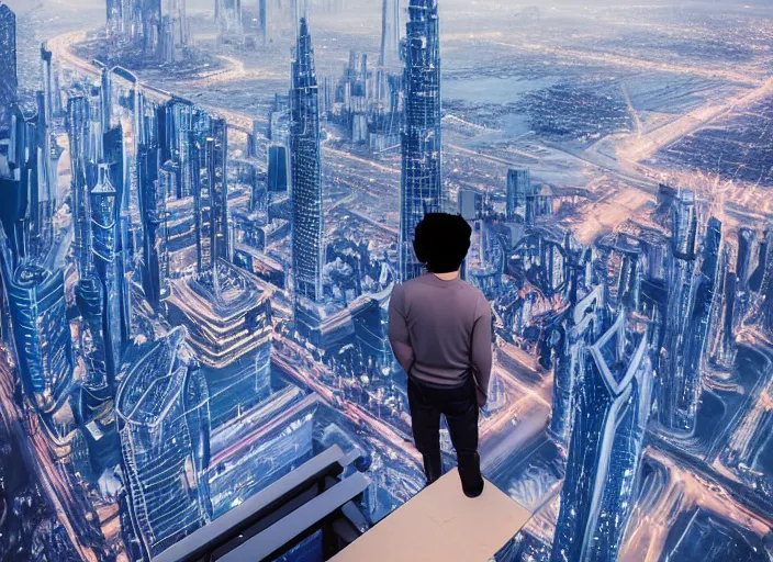 Image similar to closeup of a man [ standing on the pinnacle of the burj khalifa ]!!, holding a camera, viewing out into a [ futuristic cityscape ]!!, dusk atmosphere, digital art illustrated by max hay and greg rutkowski, [ 8 0 s neon art style ]!!, neon wallpaper!!, golden ratio!!, centered!!